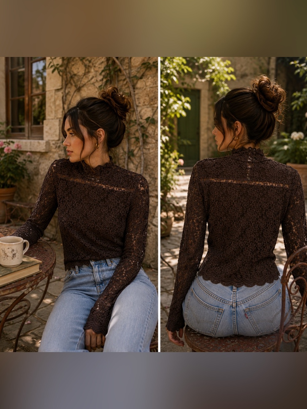 Vintage Jones NY Sport Brown Lace Scalloped Long Sleeve Layering Top Size Small